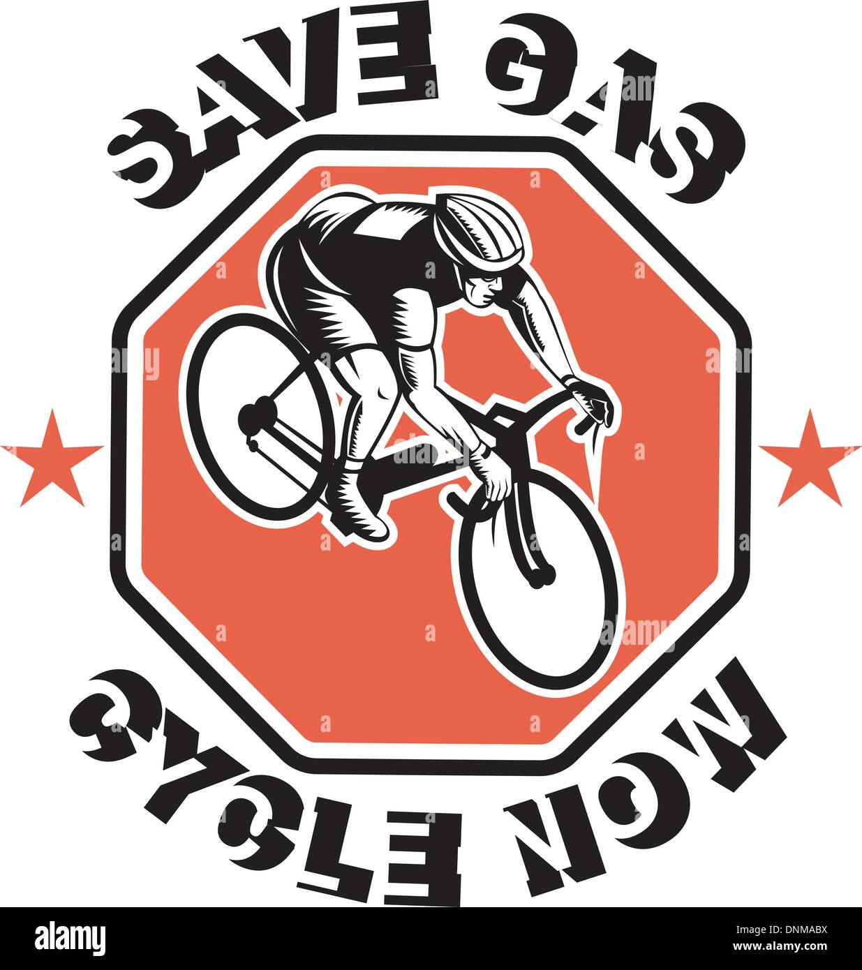 illustration of a Cyclist racing bike set inside octagon viewed from high angle done in retro woodcut style with text saves gas Stock Vector