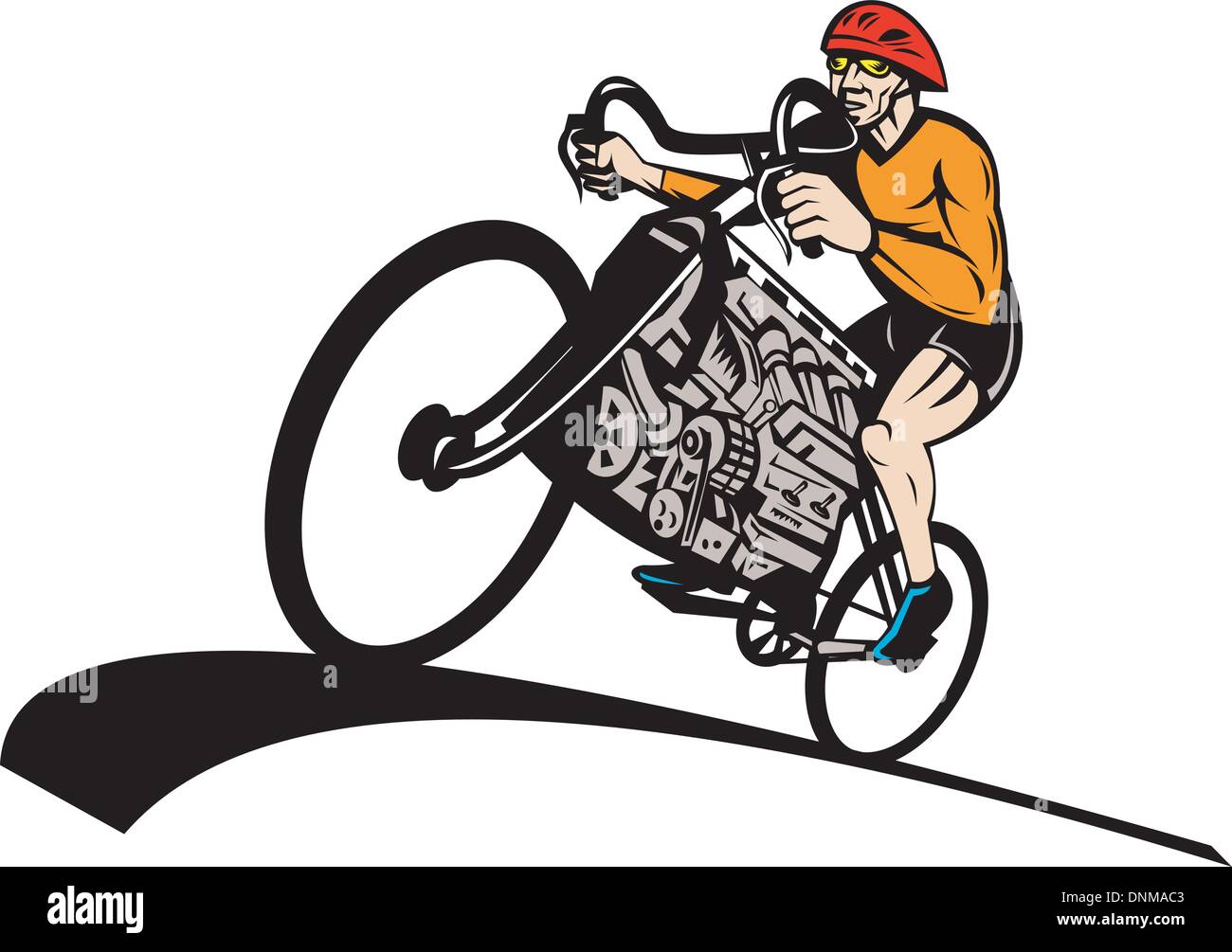 illustration of a Cyclist riding racing bicycle with v8 car engine Stock Vector