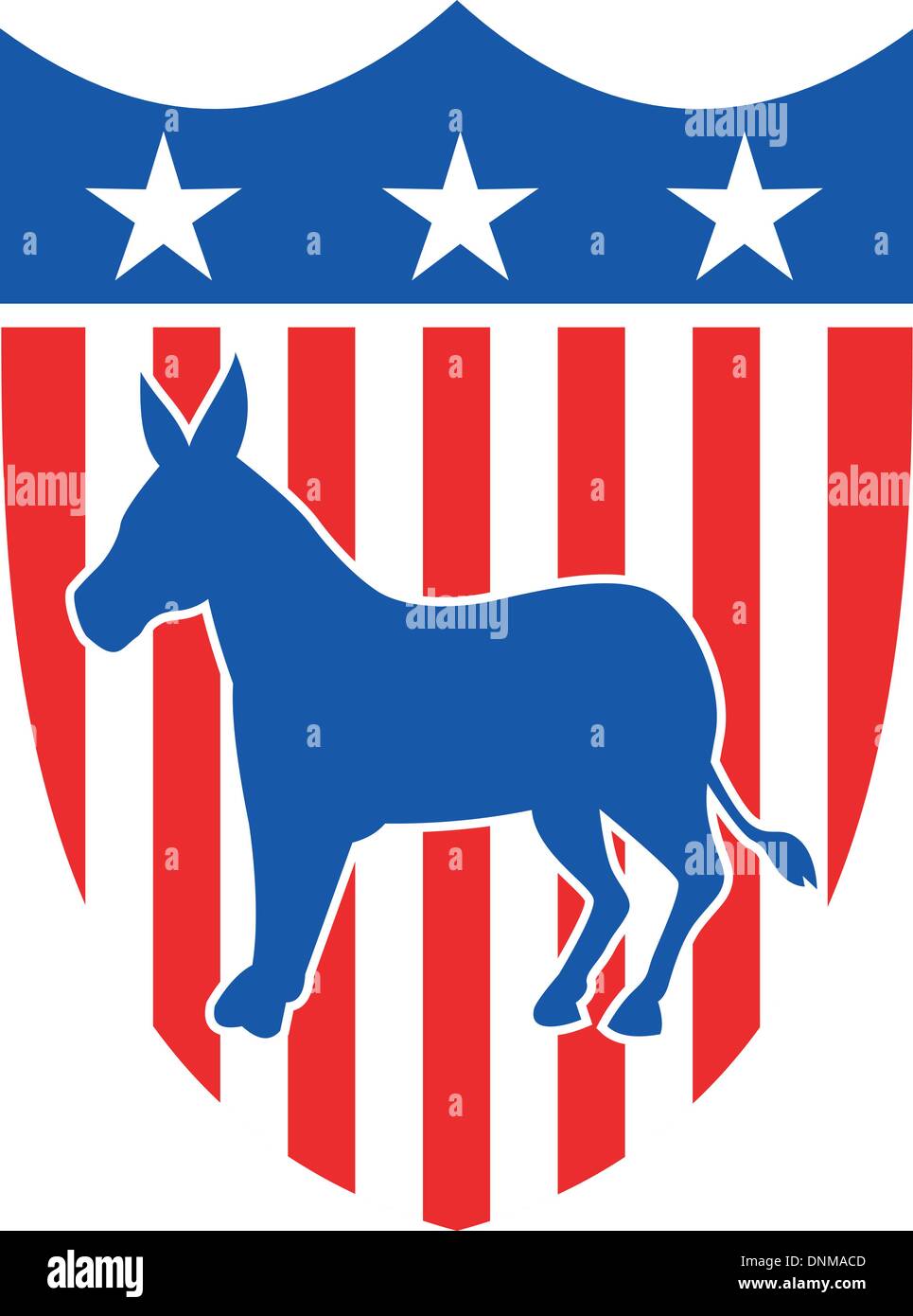 Illustration of a democrat donkey mascot of the democratic grand old party gop with a stars and stripes shield. Stock Vector