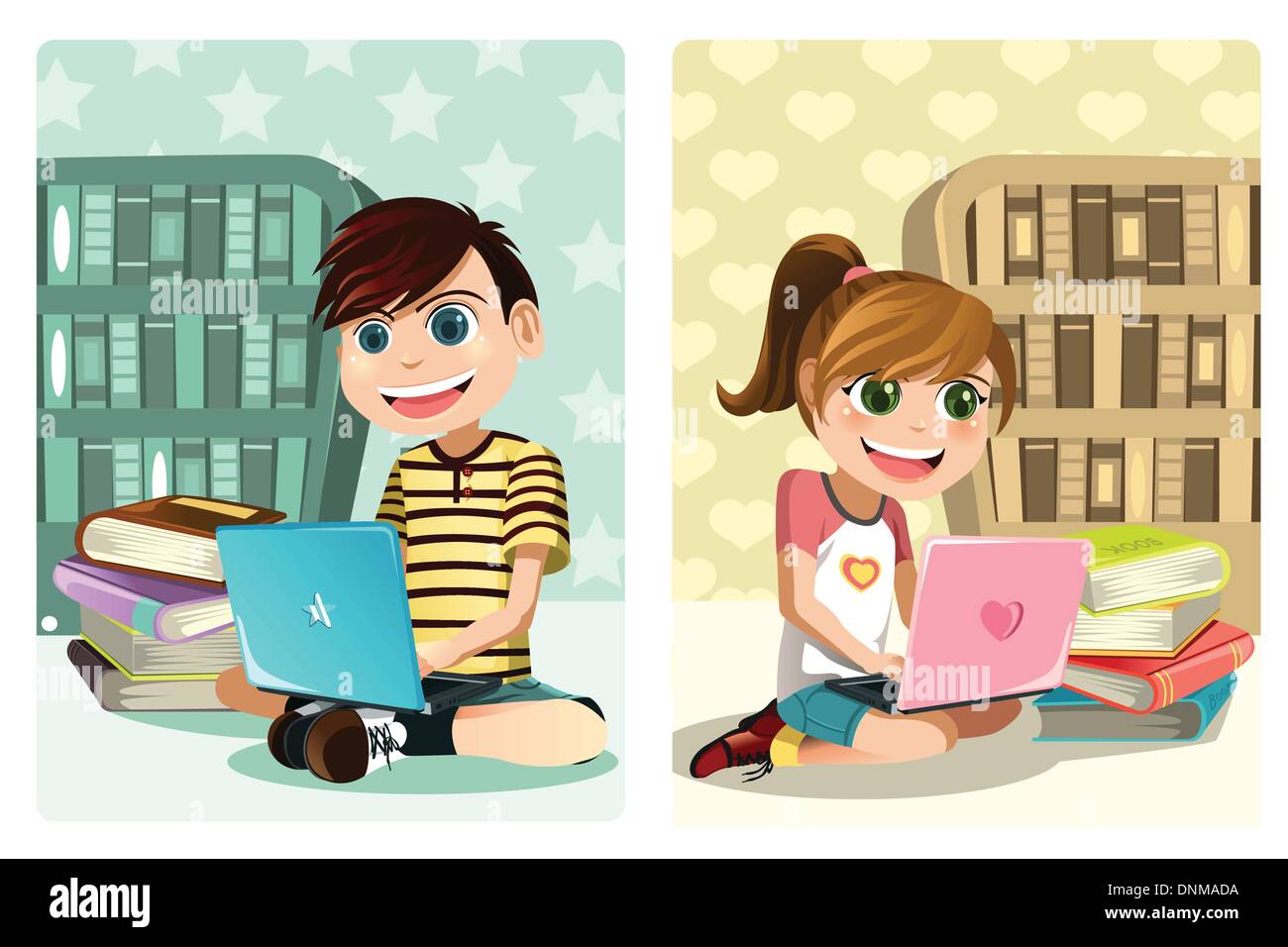A vector illustration of a boy and a girl studying using laptop Stock Vector