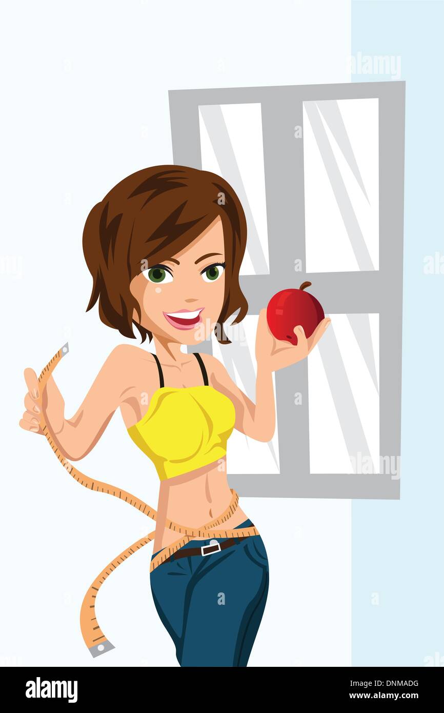 A vector illustration of a healthy woman eating an apple Stock Vector