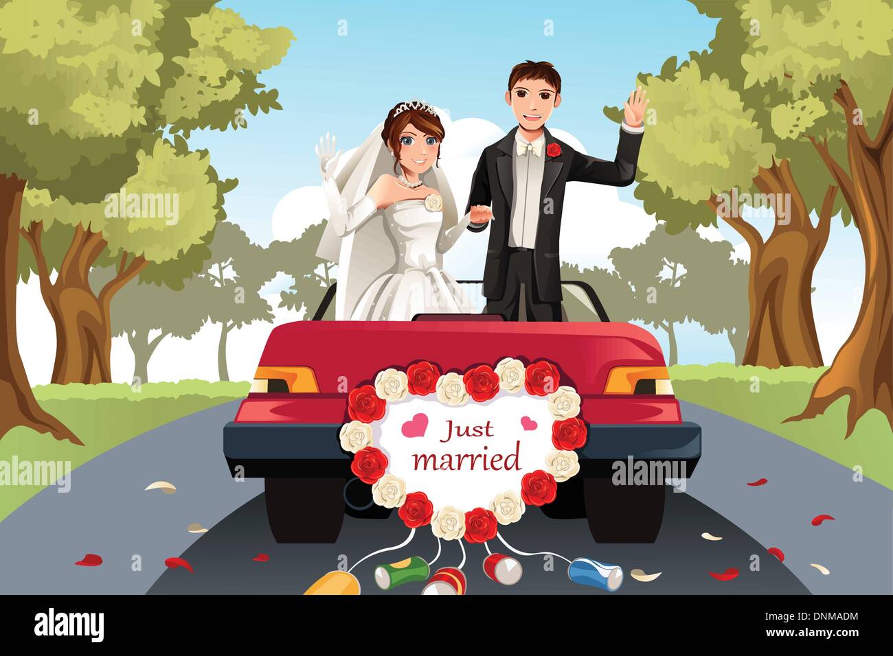 A vector illustration of a married couple going away in a car Stock Vector