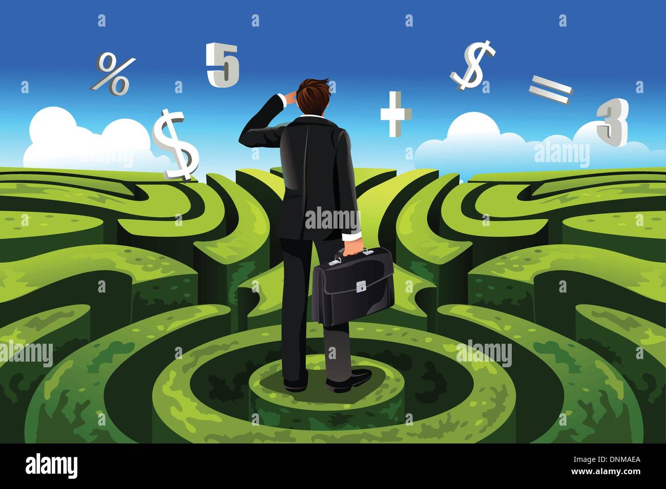 A vector illustration of a businessman in maze facing a financial decision Stock Vector