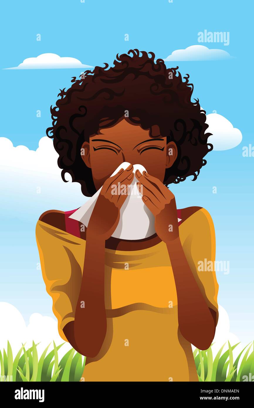 A vector illustration of a woman sneezing into a tissue outdoor Stock Vector