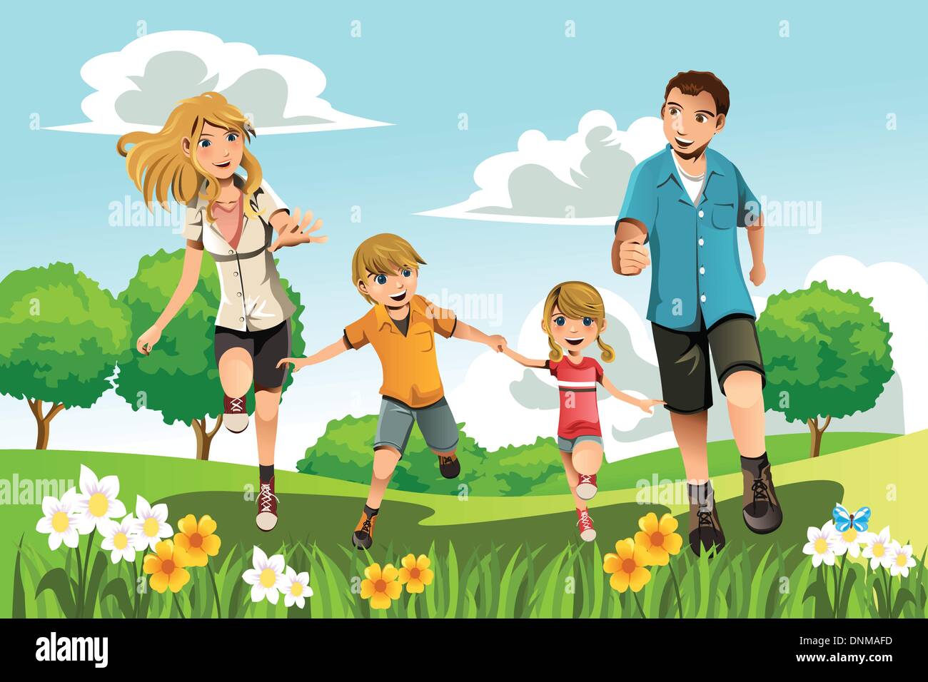 A vector illustration of a family running in the park Stock Vector