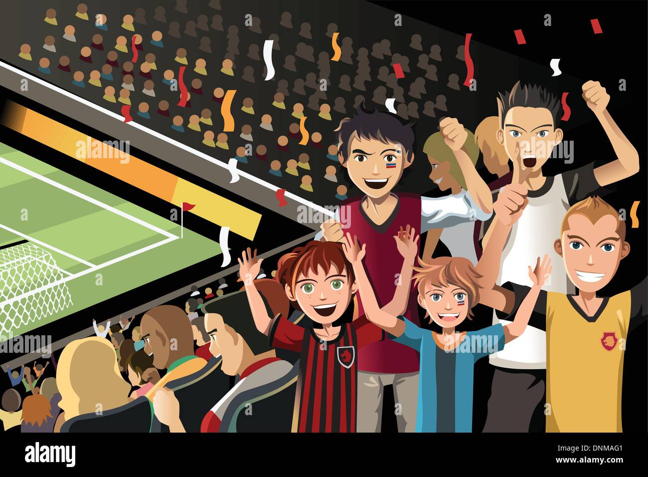A vector illustration of soccer fans cheering inside the stadium Stock Vector