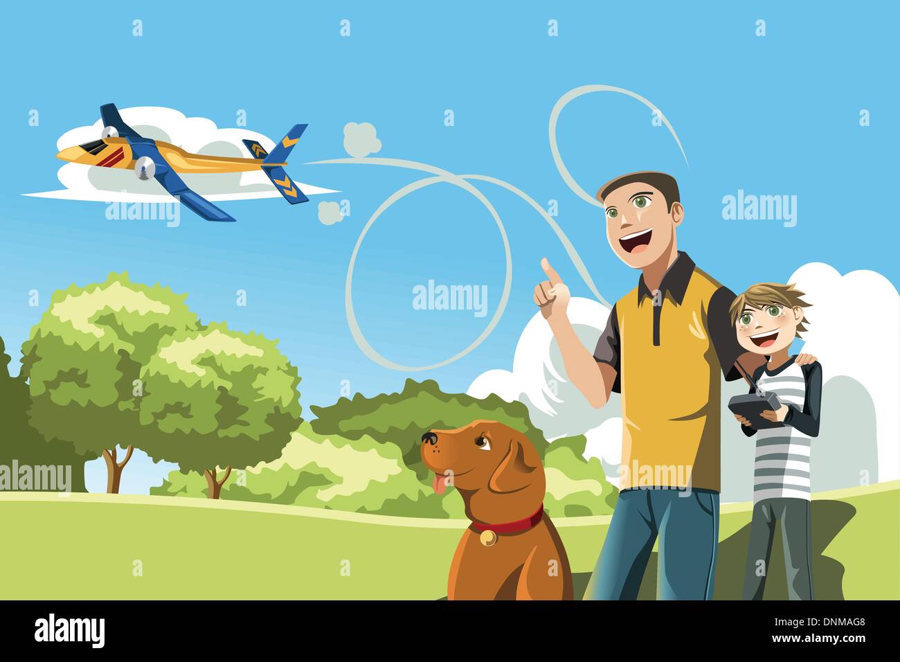 A vector illustration of a father and his son playing remote controlled airplane outside Stock Vector