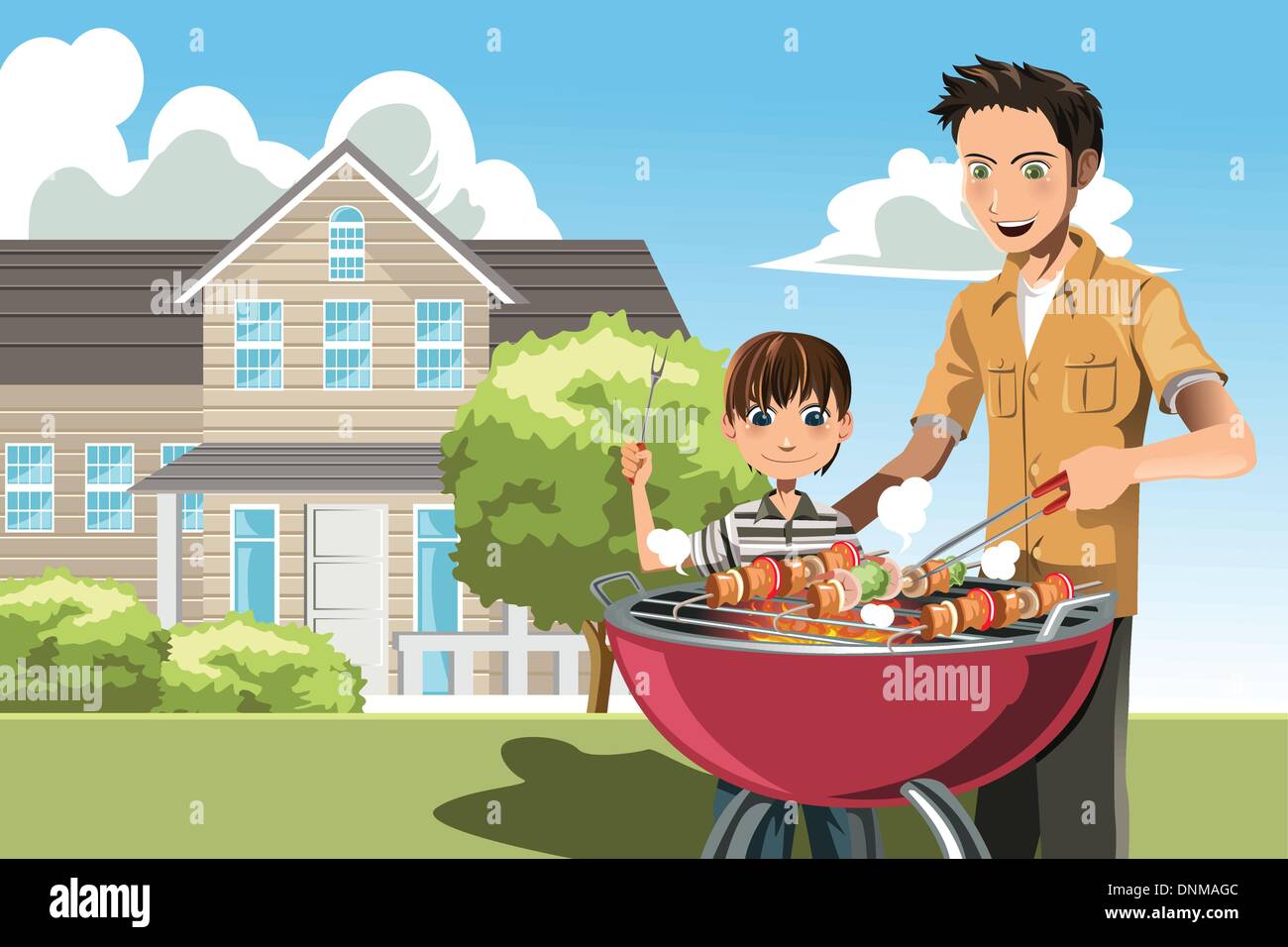 A vector illustration of a father and his son doing barbecue at home Stock Vector