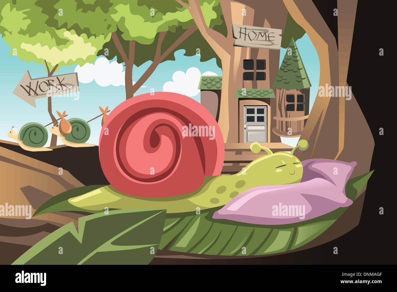 A vector illustration of a lazy snail sleeping while others going to work Stock Vector