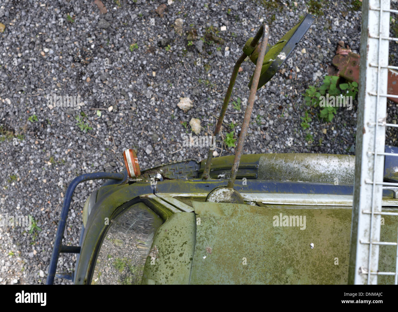Obscure detail of a Bedford TK truck cab, seen from above and green with moss Stock Photo