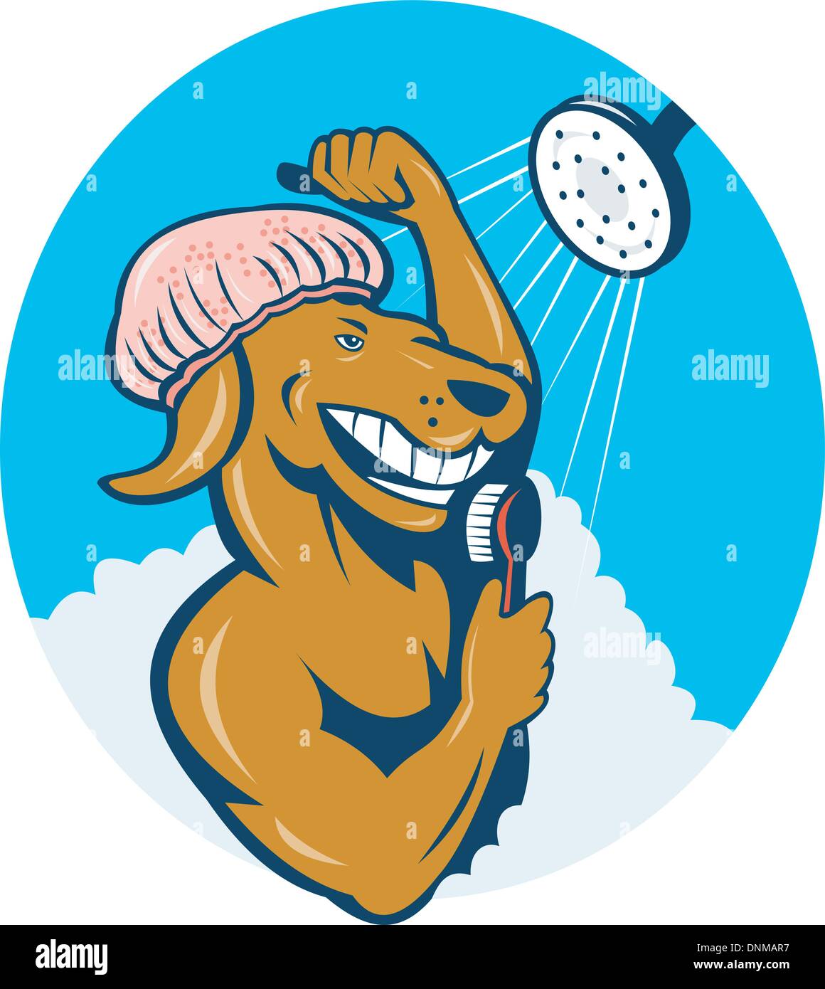 illustration of a Cartoon dog singing shower scrubbing with brush Stock Vector