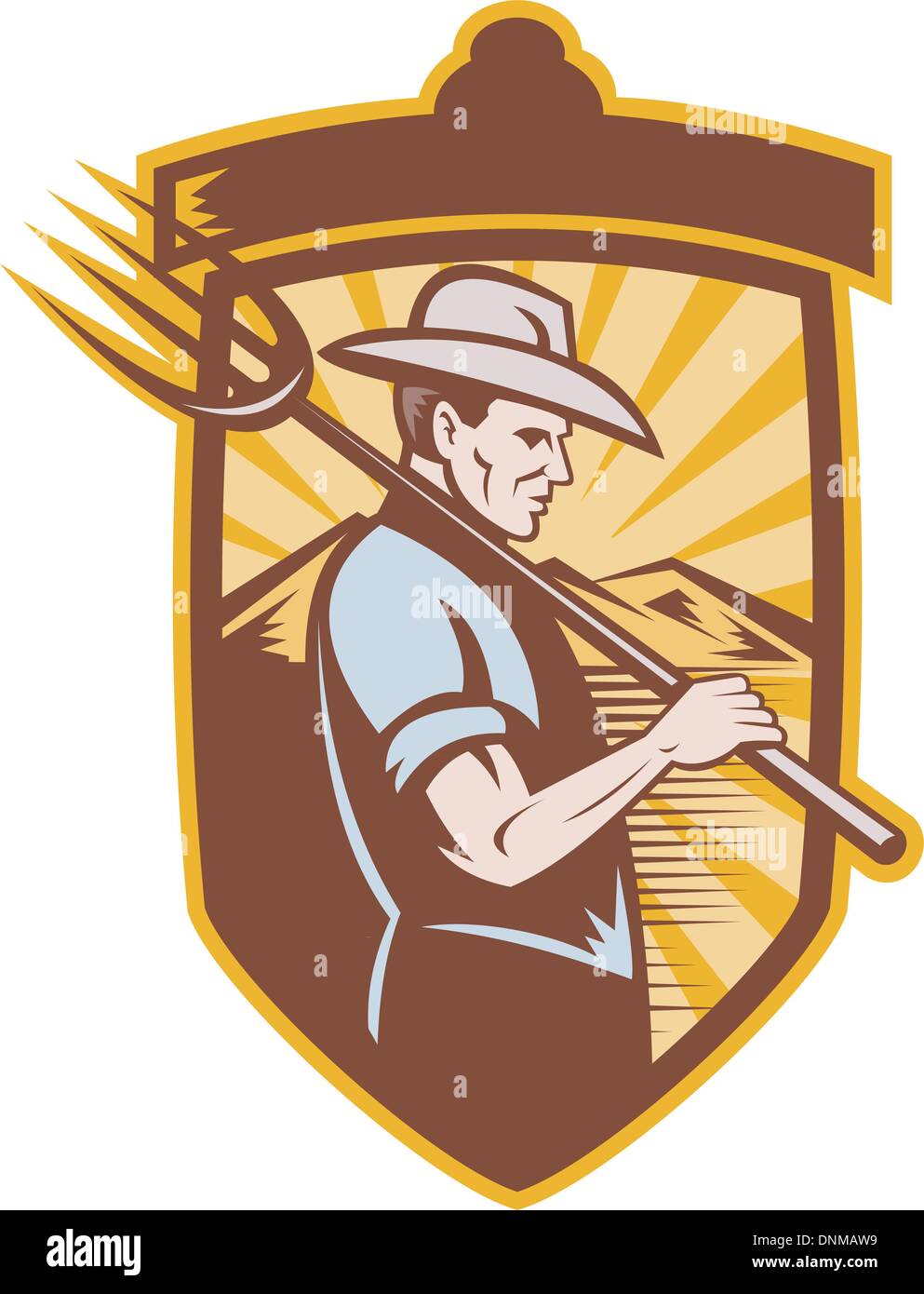 illustration of a Farmer with pitch fork and mountains in back Stock ...