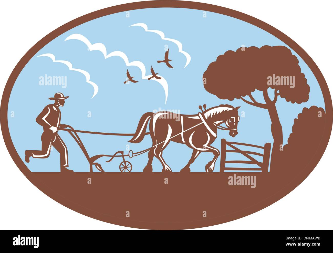 Illustration of farmer and horse plowing field done in retro style ...