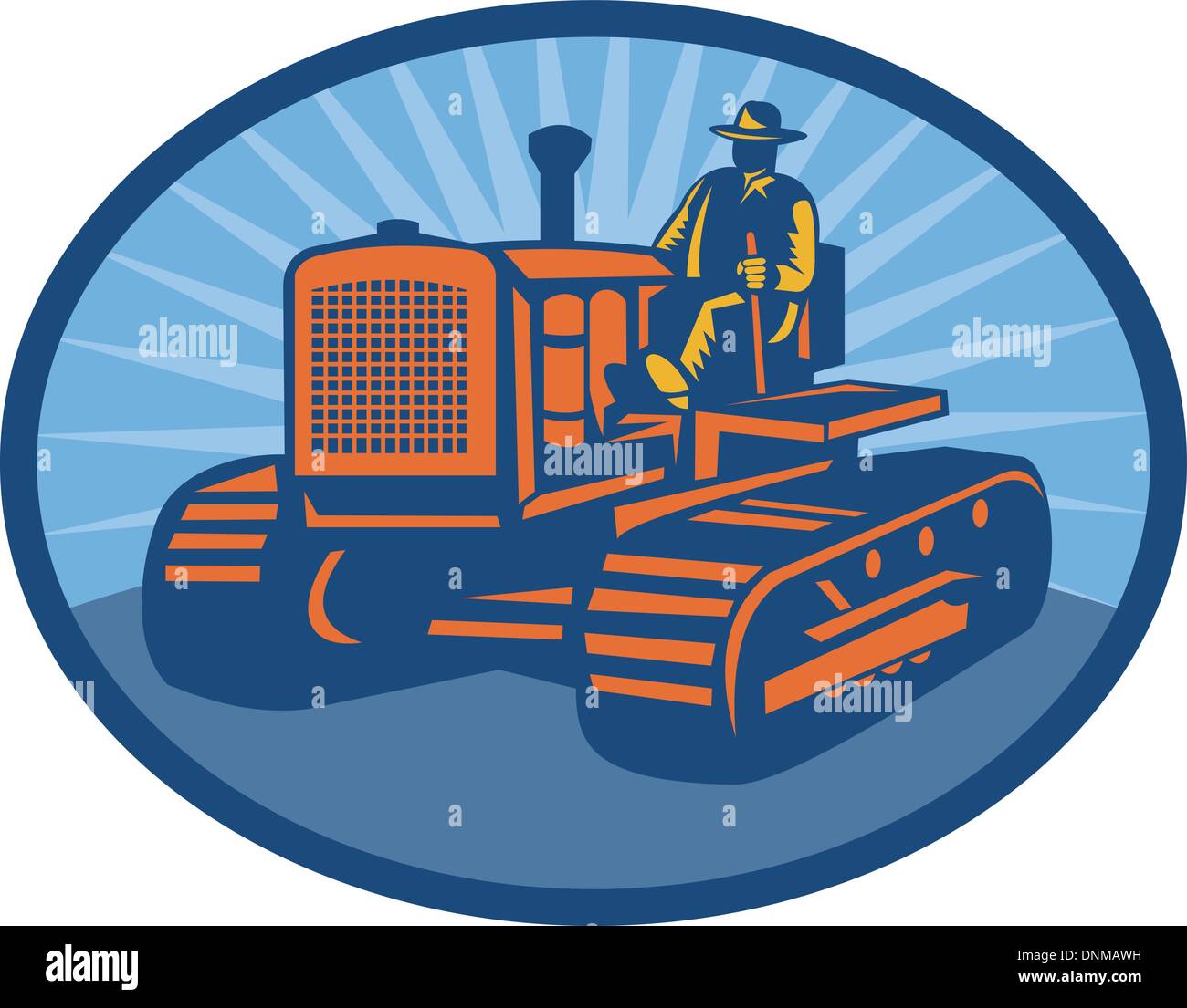 illustration of a Farmer driving vintage tractor set inside an oval ...