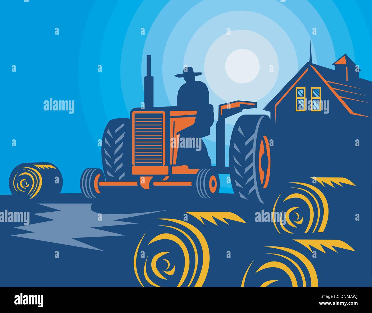 illustration of a Farmer driving vintage tractor with hay bales and ...