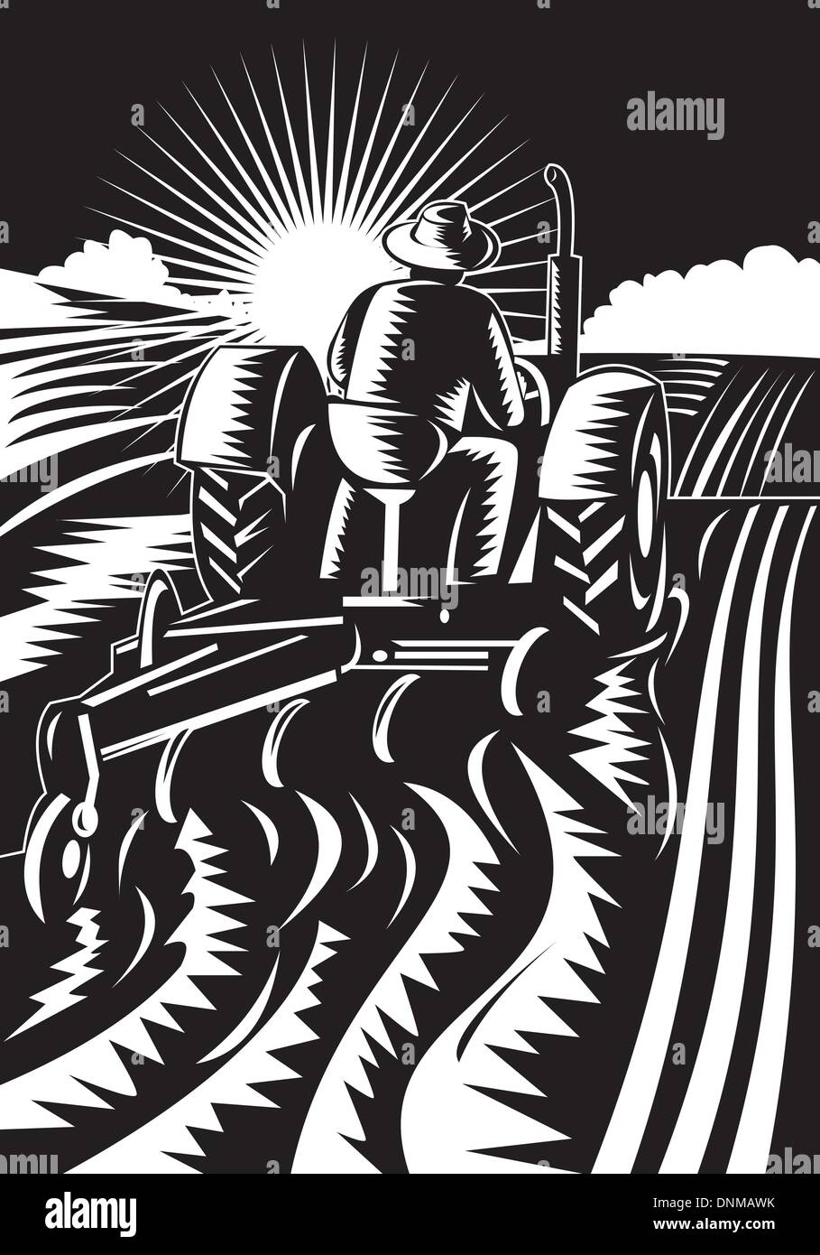 illustration of a farmer driving a vintage tractor plowing the farm ...