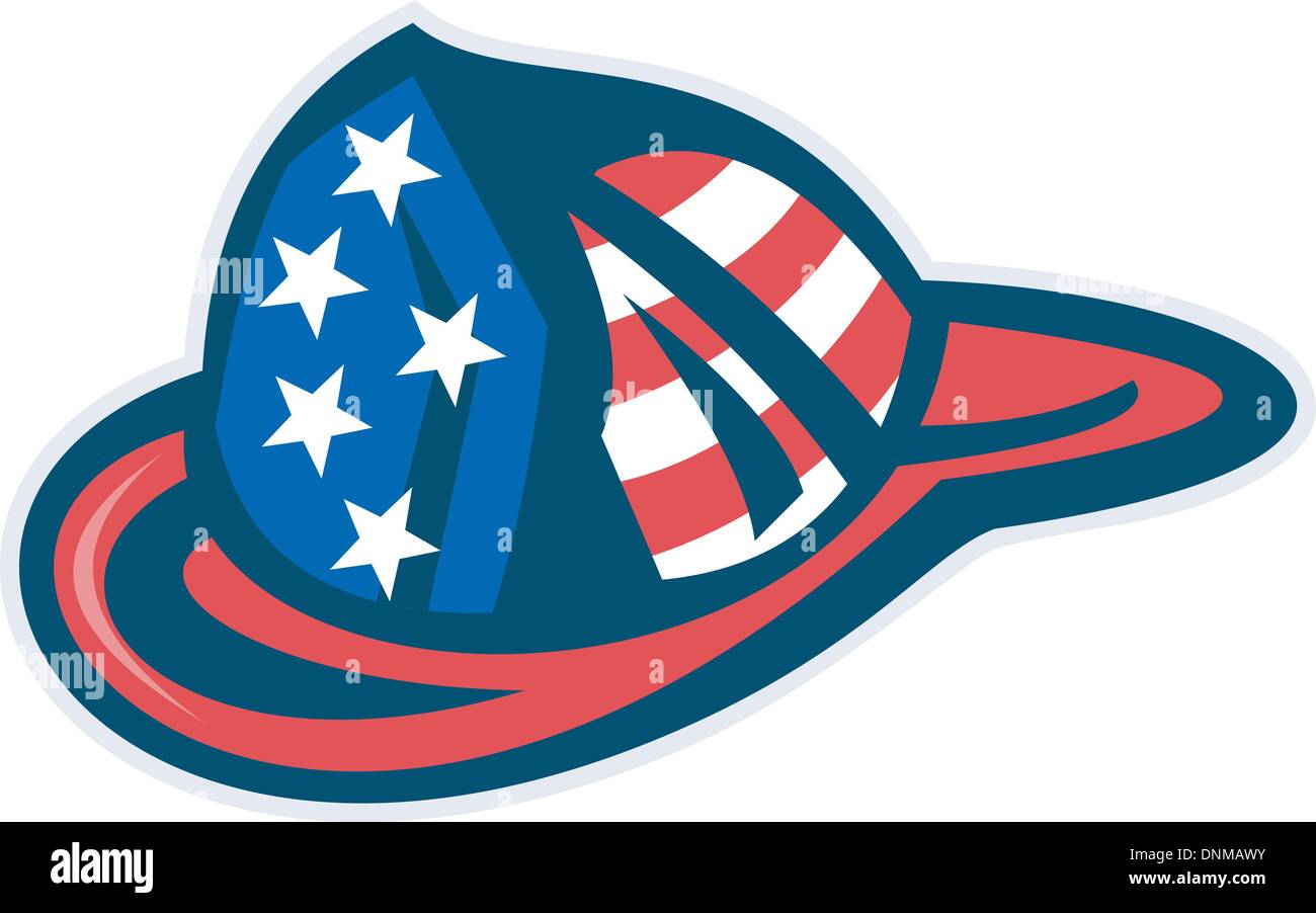 illustration of a fireman firefighter helmet with American flag isolated on white Stock Vector