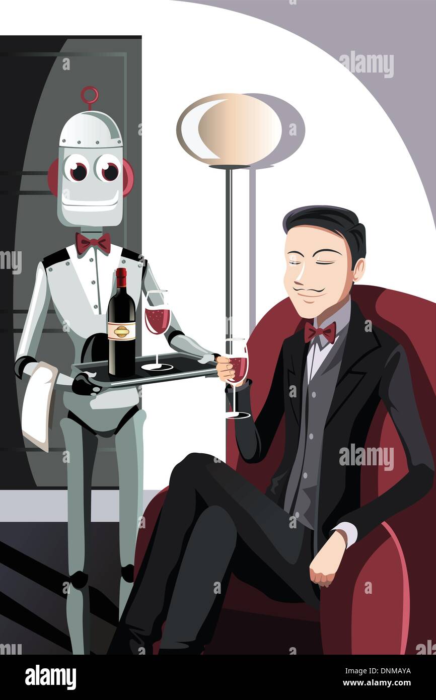 A vector illustration of a robot serving a man sitting on a sofa Stock Vector