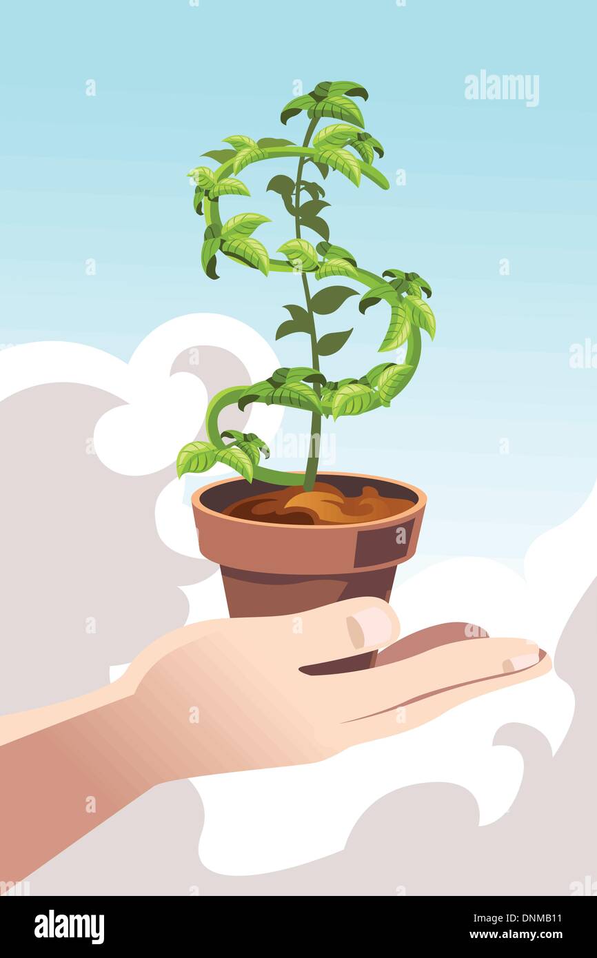 A vector illustration of a hand holding a plant shaped like a dollar sign Stock Vector