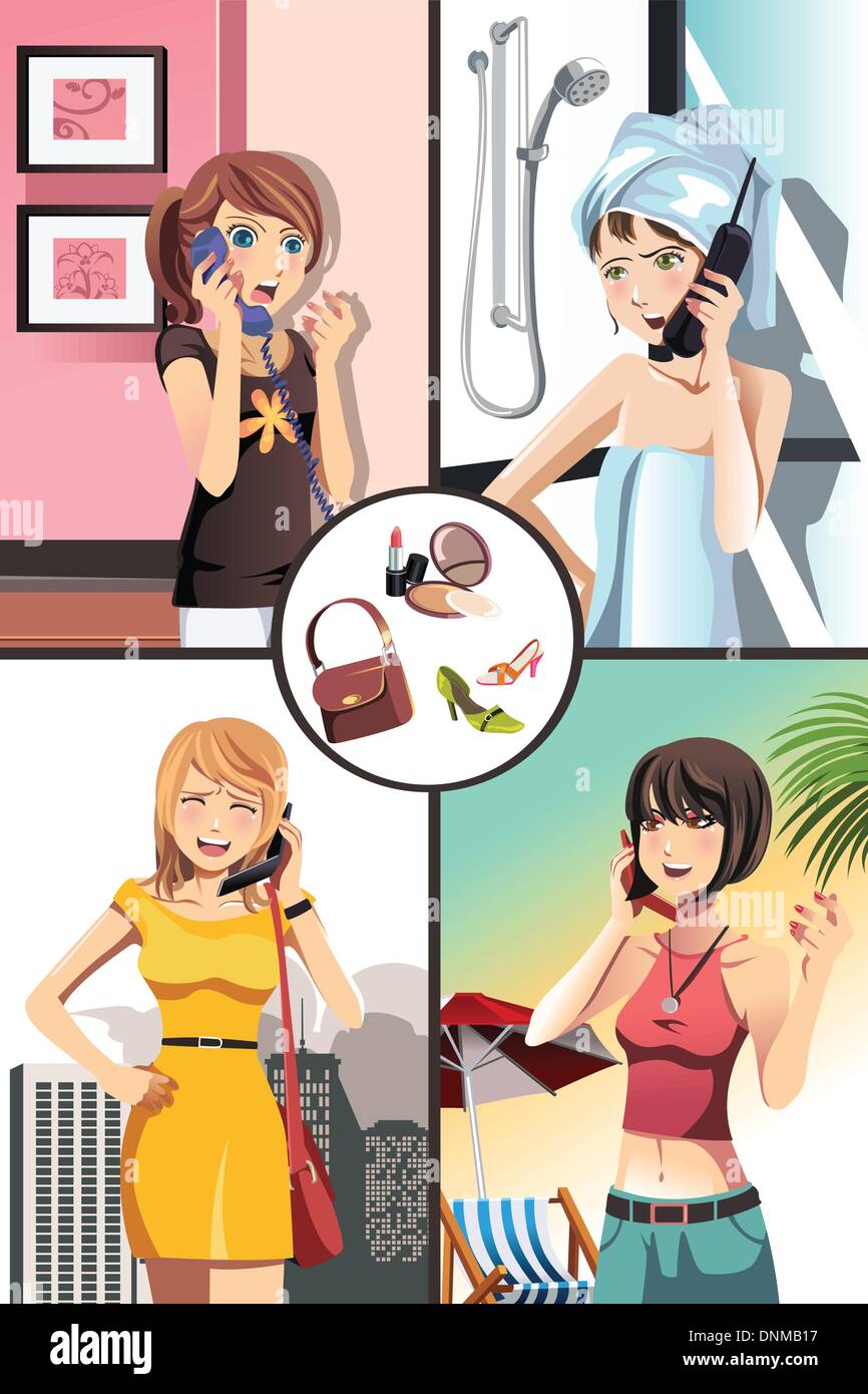 A vector illustration of four women talking on the phone Stock Vector