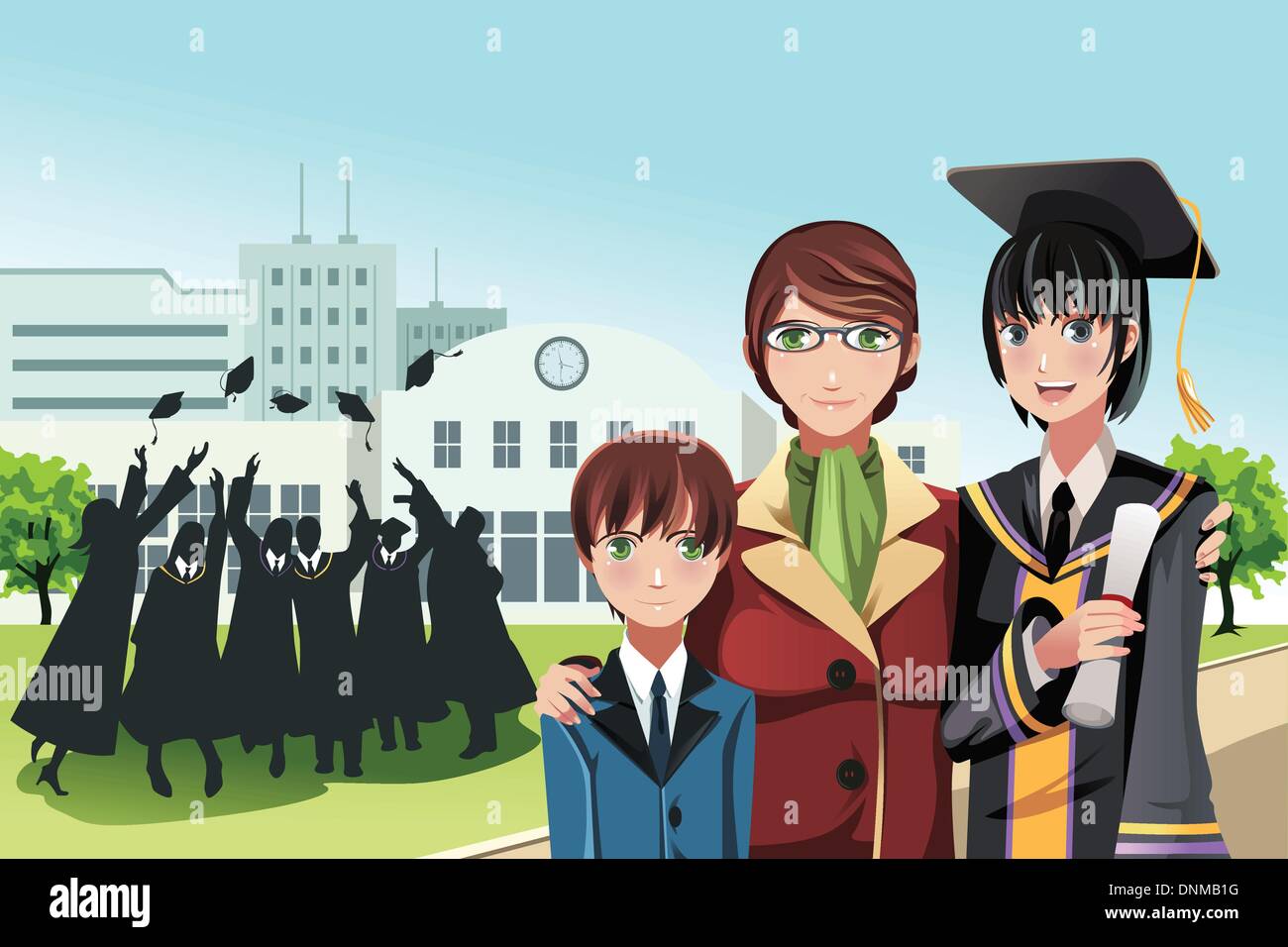 A vector illustration of a graduation girl holding her diploma posing with her mother and brother with friends in the background Stock Vector