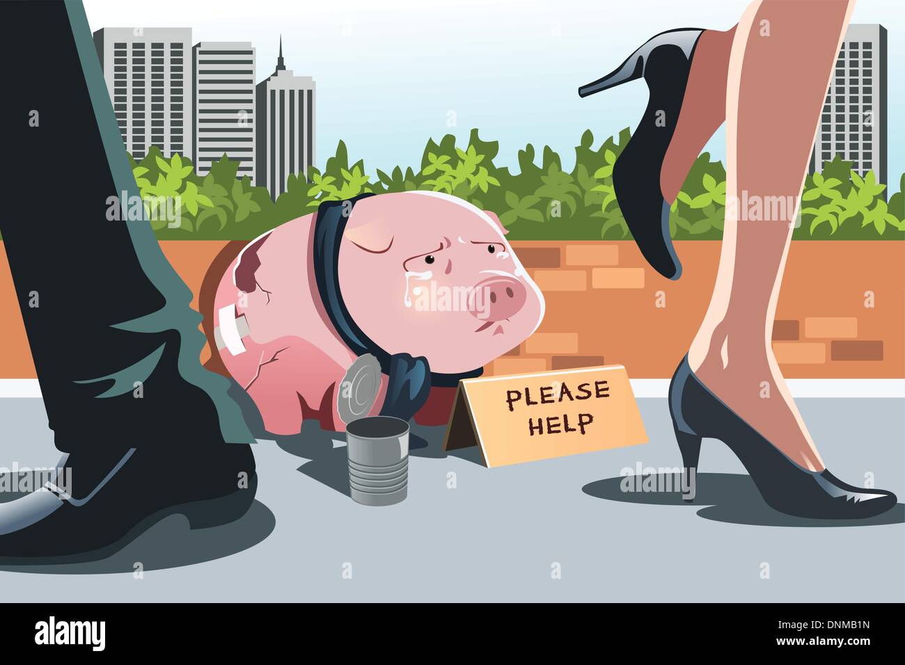 A vector illustration of a piggy bank panhandling on the sidewalk, can be used to portray the concept of financial crisis or rec Stock Vector