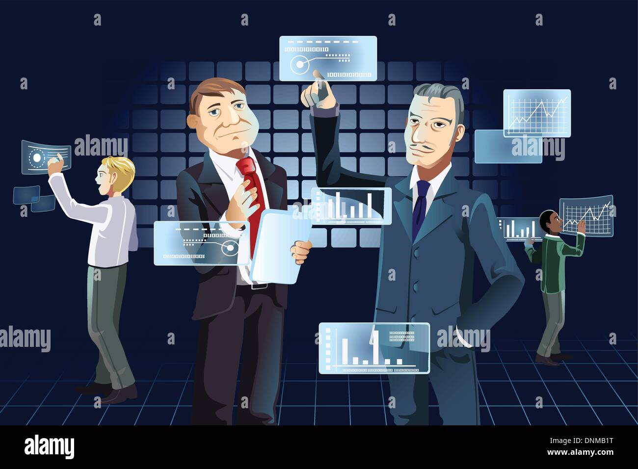 A vector illustration of businessmen working with new technology Stock Vector