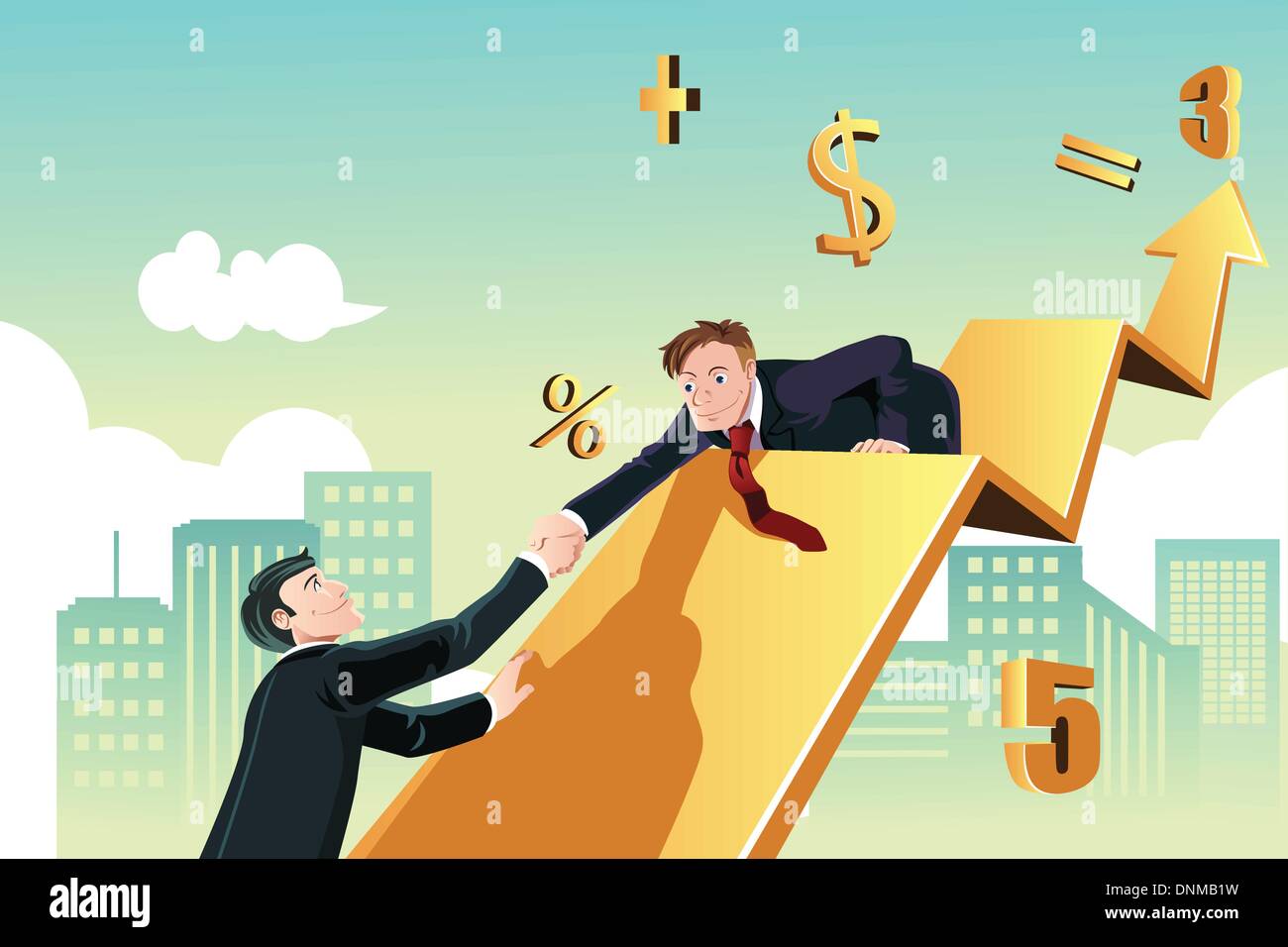 A vector illustration of a business concept of a businessman helping his colleague to achieve success together Stock Vector