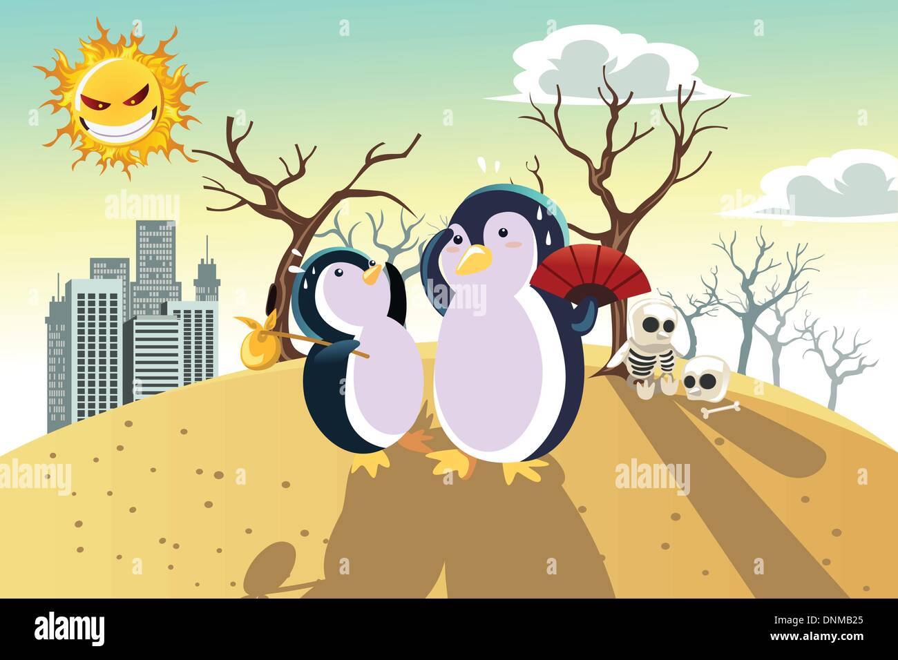 A vector illustration of a global warming concept, with penguins on a dry hot land Stock Vector