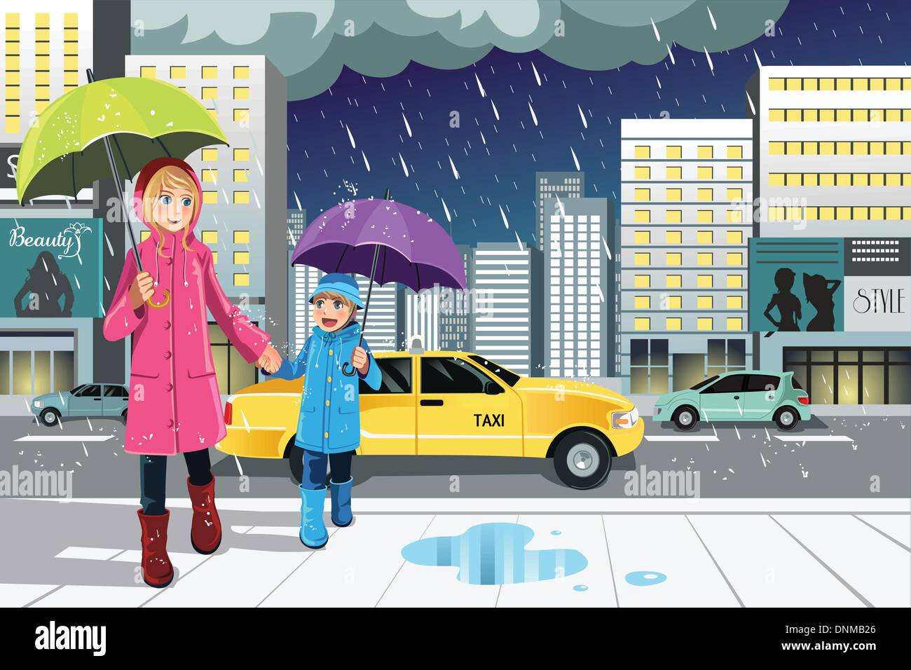 A vector illustration of a mother and a daughter walking in the rain in the city Stock Vector