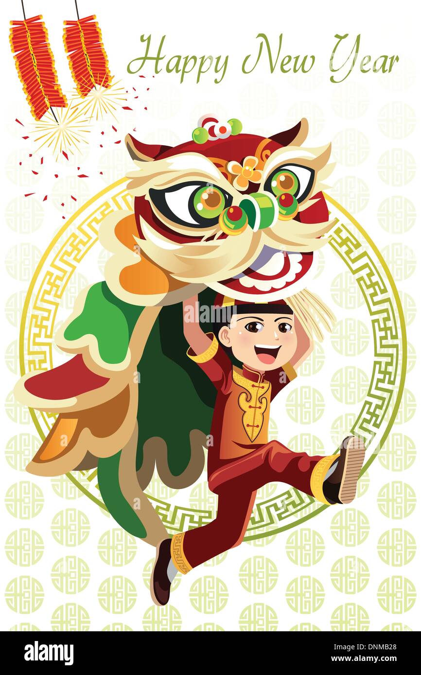 A vector illustration of a Chinese boy dancing a Lion dance Stock Vector