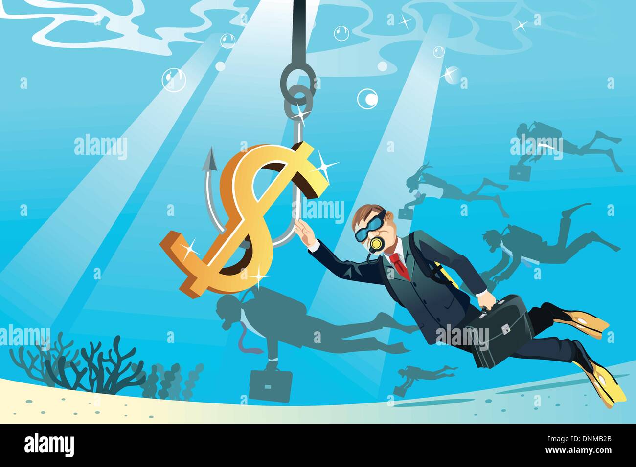 A vector illustration of a business concept of a businessman swimming under the water trying to reach a bait of money Stock Vector