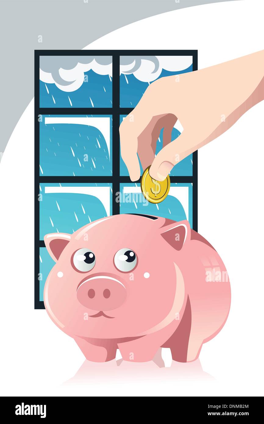 A vector illustration of a hand inserting a coin inside a piggy bank, a concept of saving for the rainy day Stock Vector