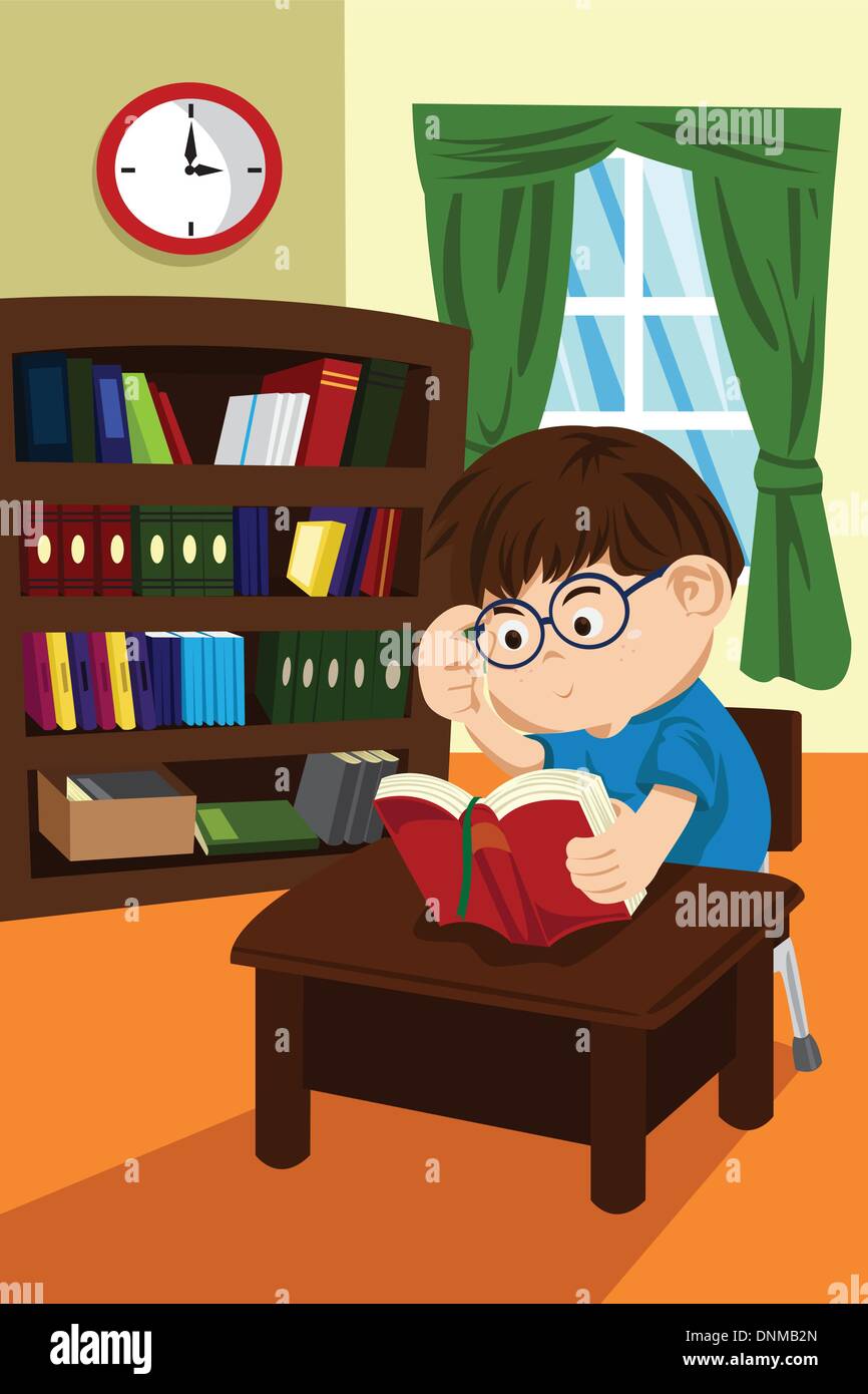 A vector illustration of a boy student studying and reading a book in the library Stock Vector