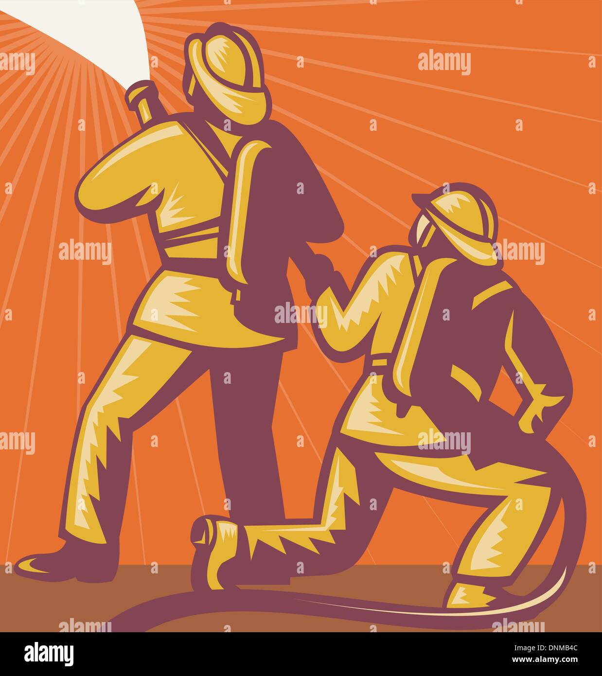 illustration of a Firefighter or fireman aiming a fire hose done in ...