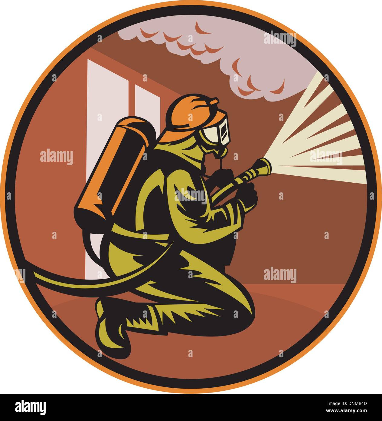 illustration of a Fireman firefighter kneeling with fire hose fighting ...
