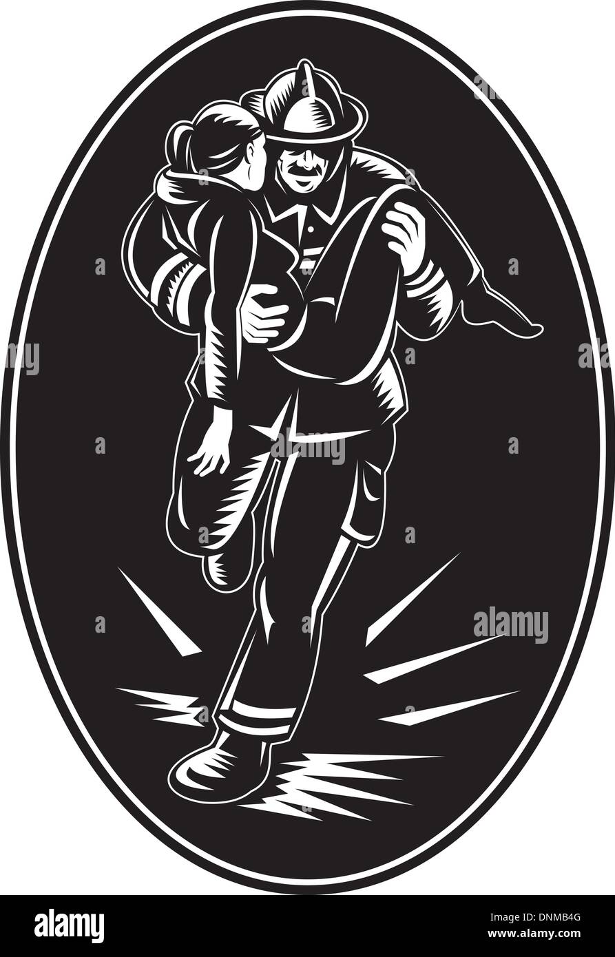 illustration of a fireman firefighter rescuing a girl from fire Stock ...