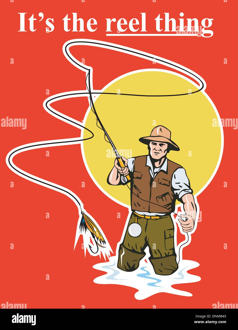 graphic design illustration of a Fly fisherman casting reel with