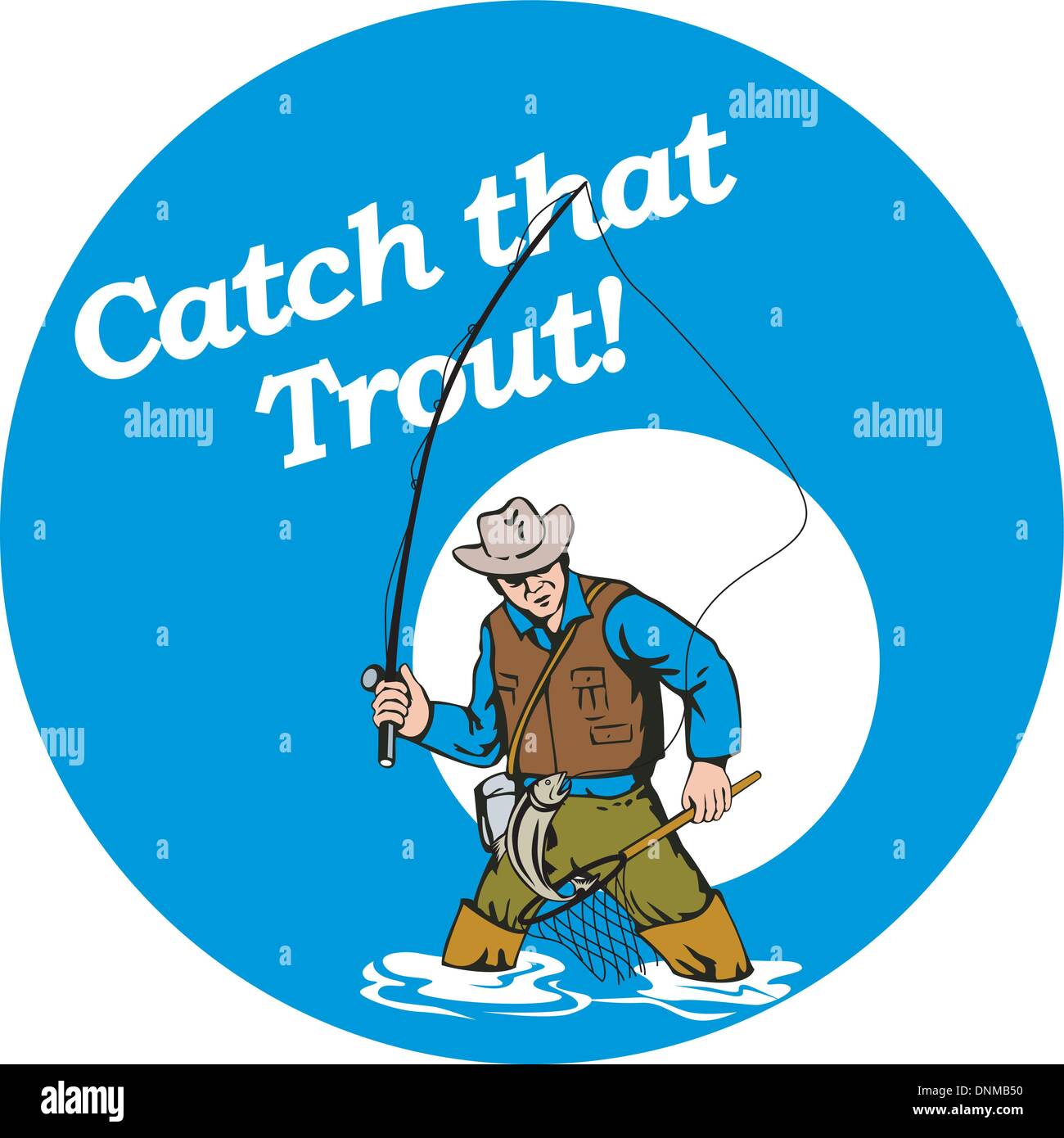 graphic design illustration of Fly fisherman catching trout with