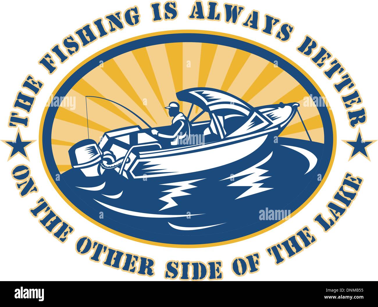 illustration of a fisherman on fishing boat rod and reel with words the