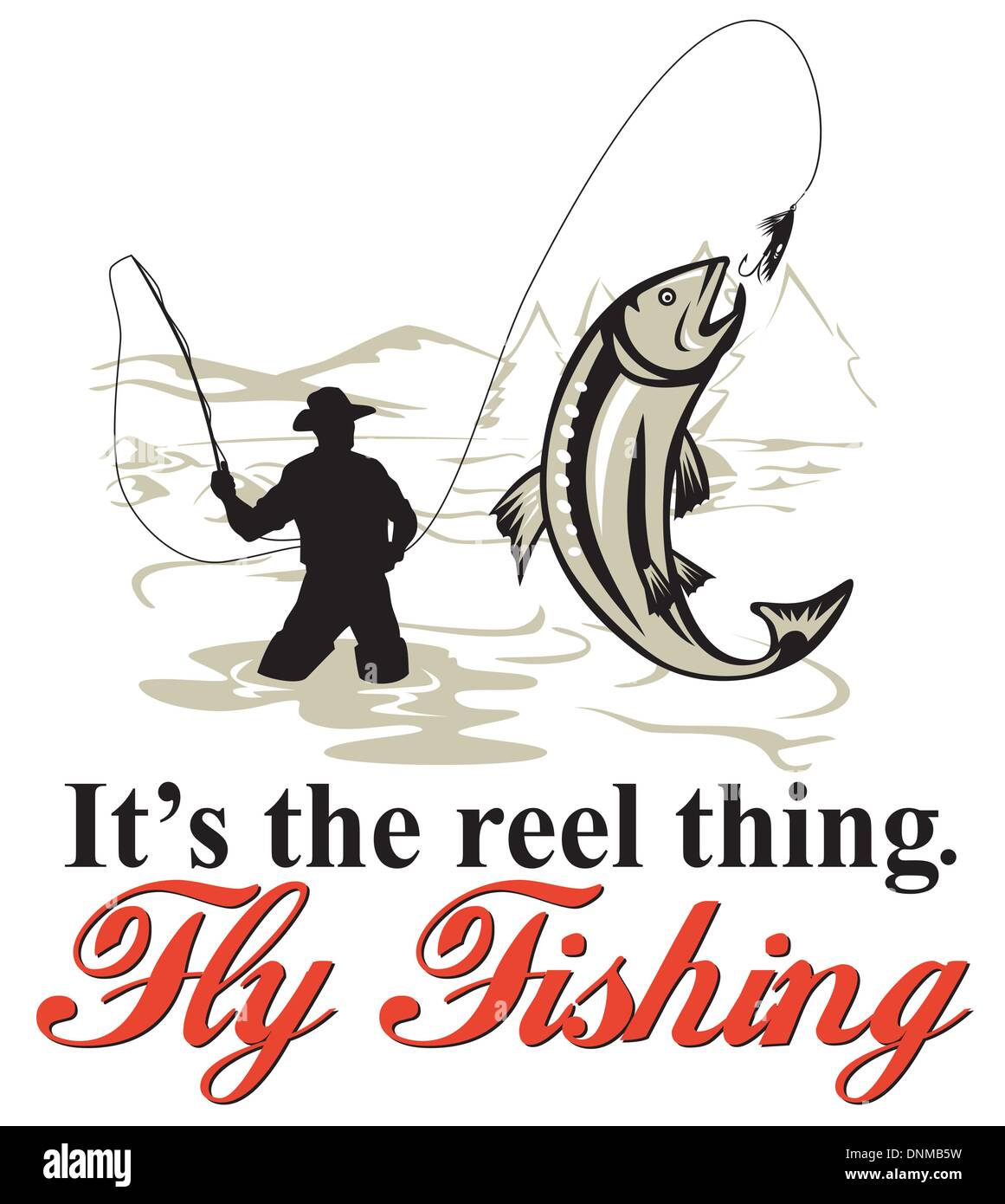 graphic design illustration of Fly fisherman catching trout with