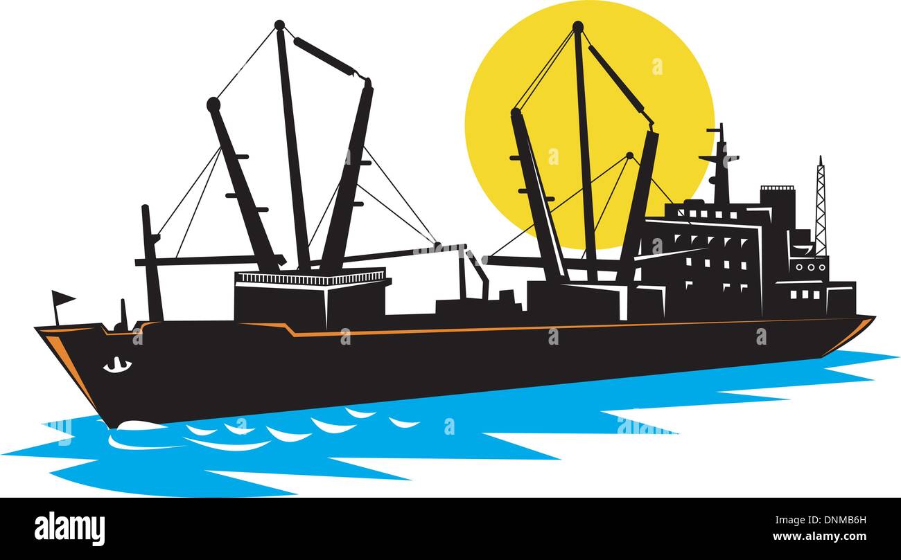 Illustration of a cargo ship at sea on isolated white background. Stock Vector