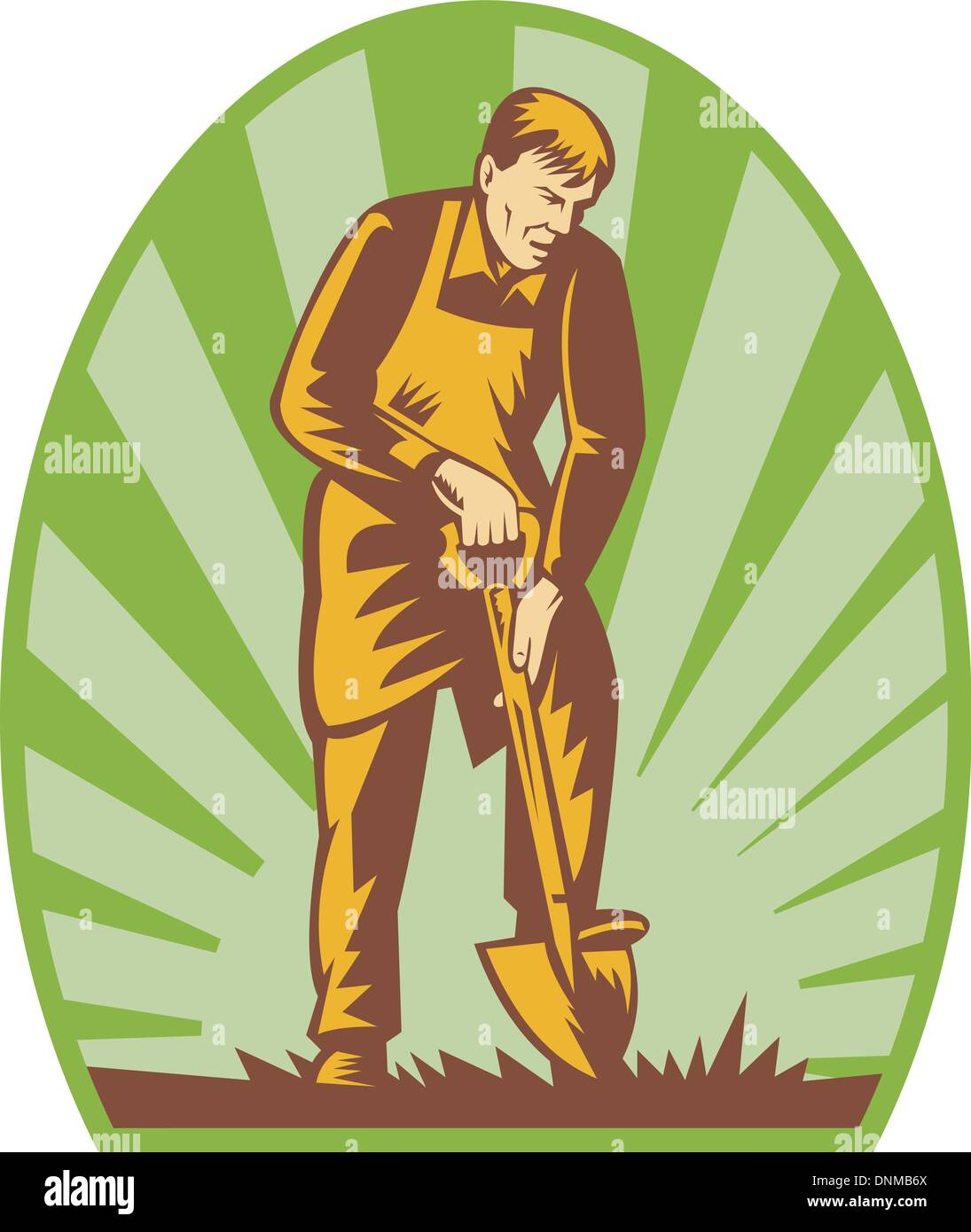 illustration of a Gardener or farmer digging with shovel and sunburst ...