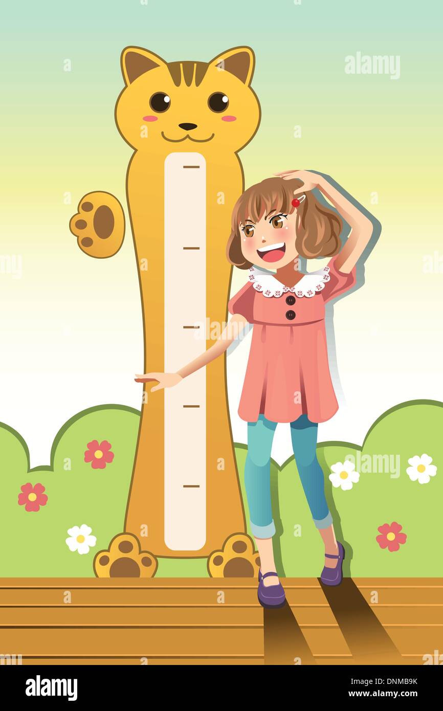 A vector illustration of a girl measuring her height with height scale on the wall Stock Vector