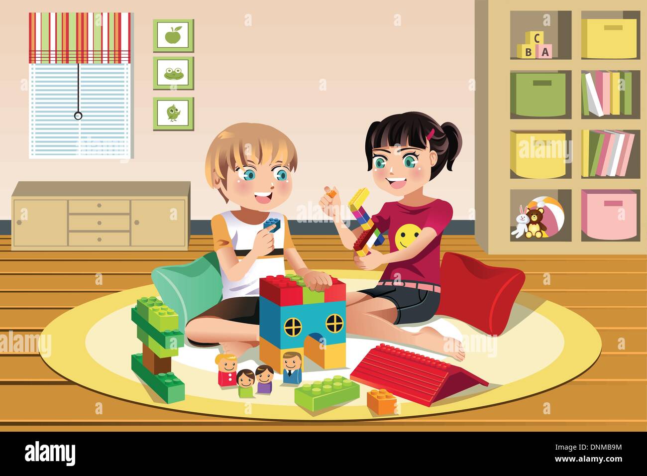 A vector illustration of happy kids playing toys together Stock Vector