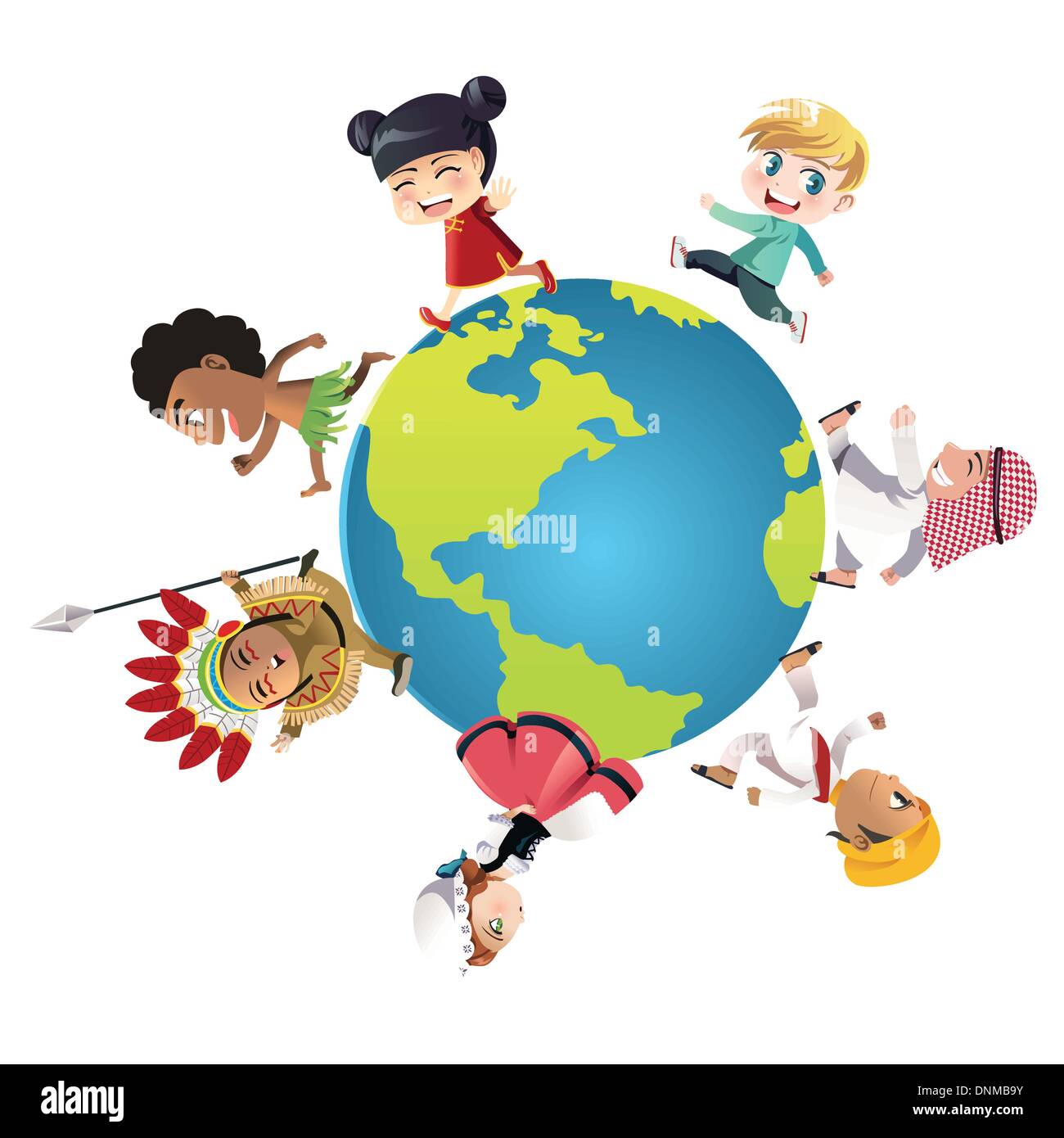A vector illustration of kids in different nationalities dressed in their traditional clothes running around the world, can be u Stock Vector