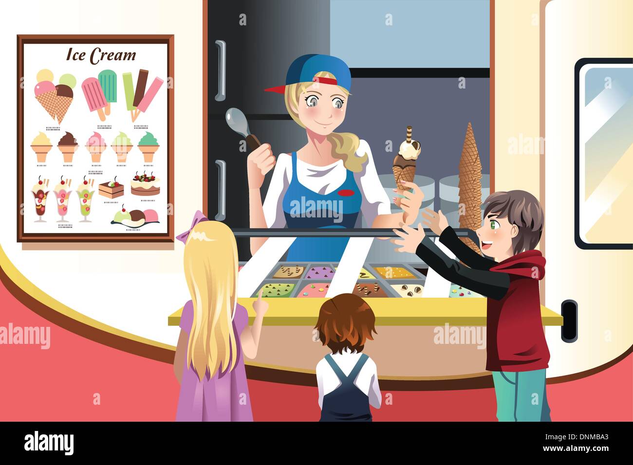 A vector illustration of kids buying ice cream at an ice cream truck