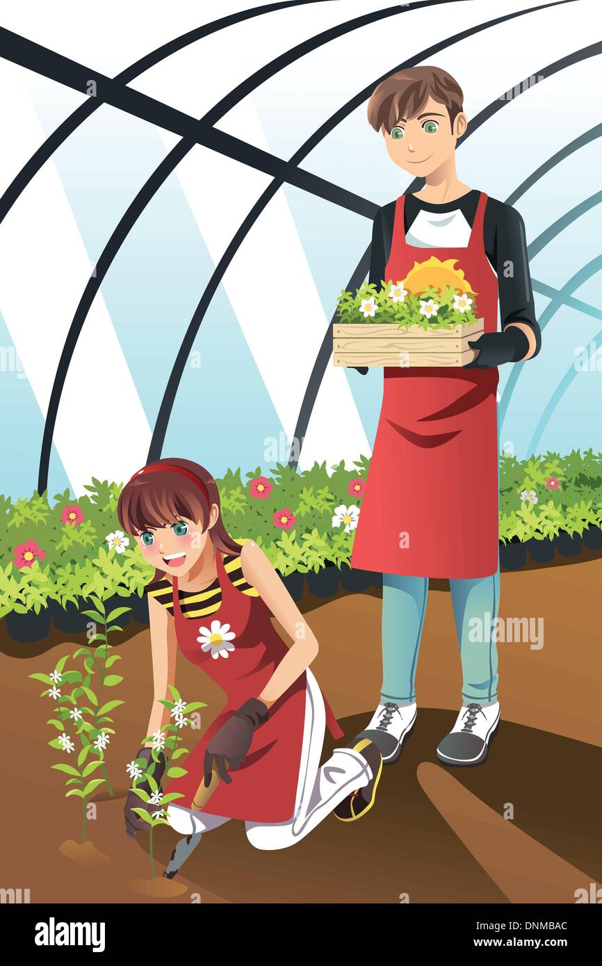 A vector illustration of people planting in a greenhouse Stock Vector