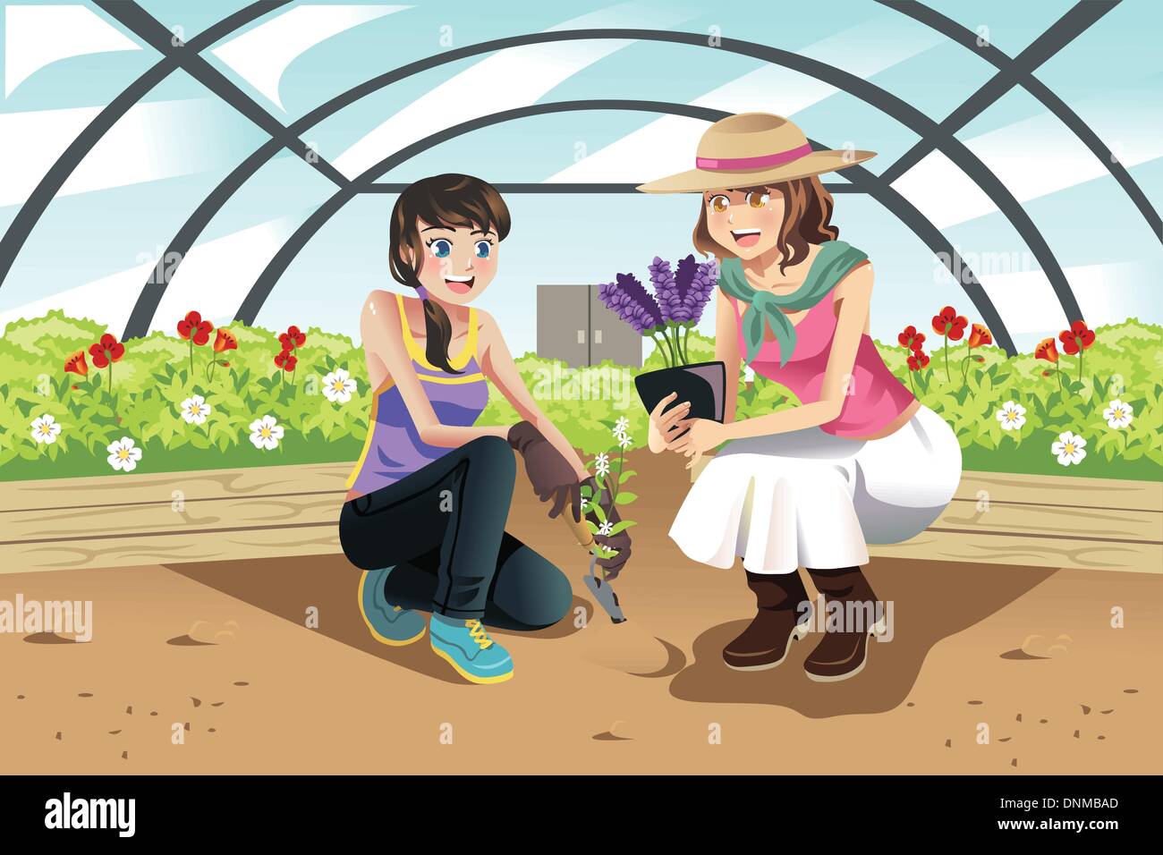 A vector illustration of happy teenagers planting in a greenhouse Stock Vector