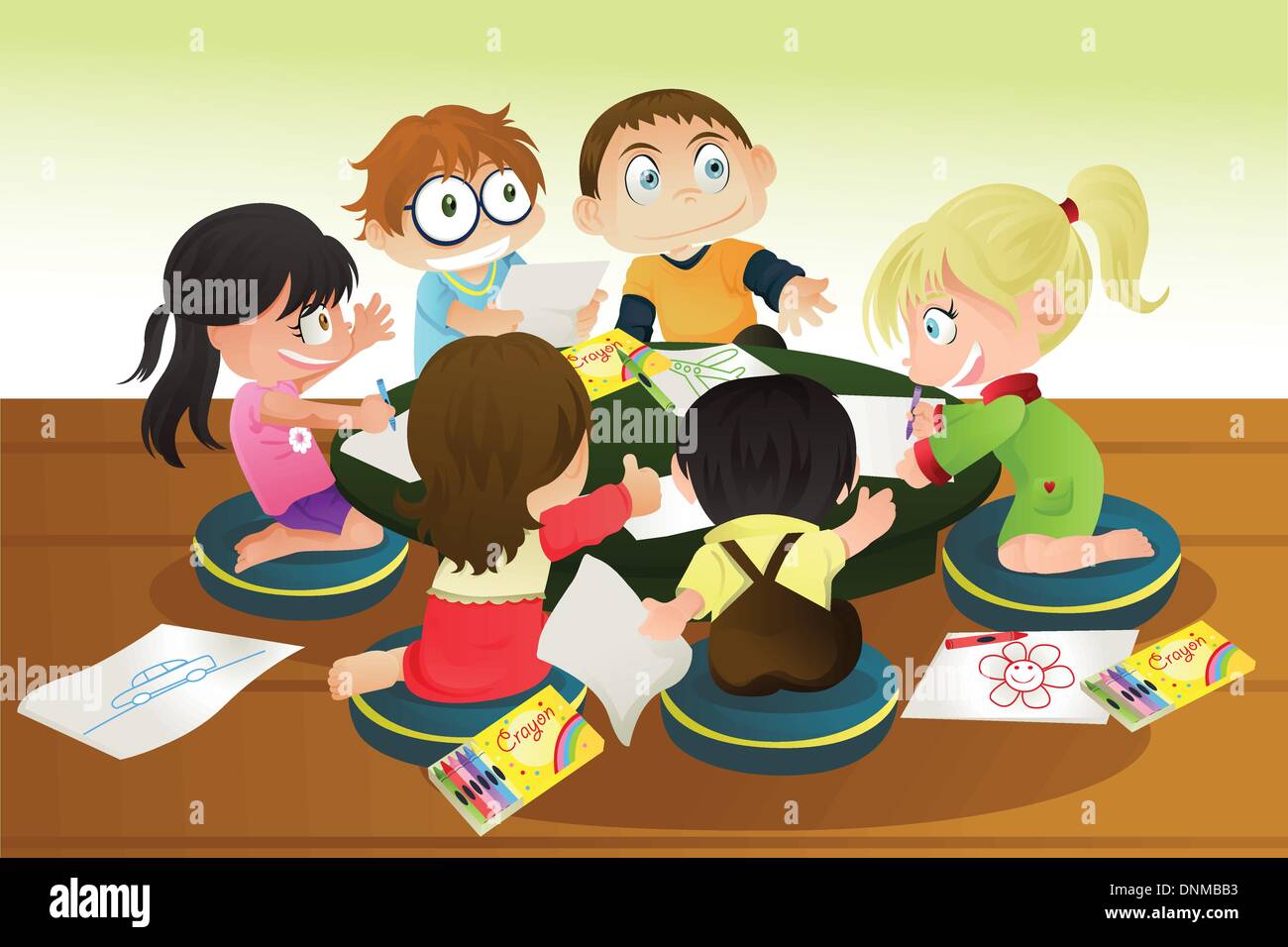 A vector illustration of a group of children drawing with crayons Stock Vector